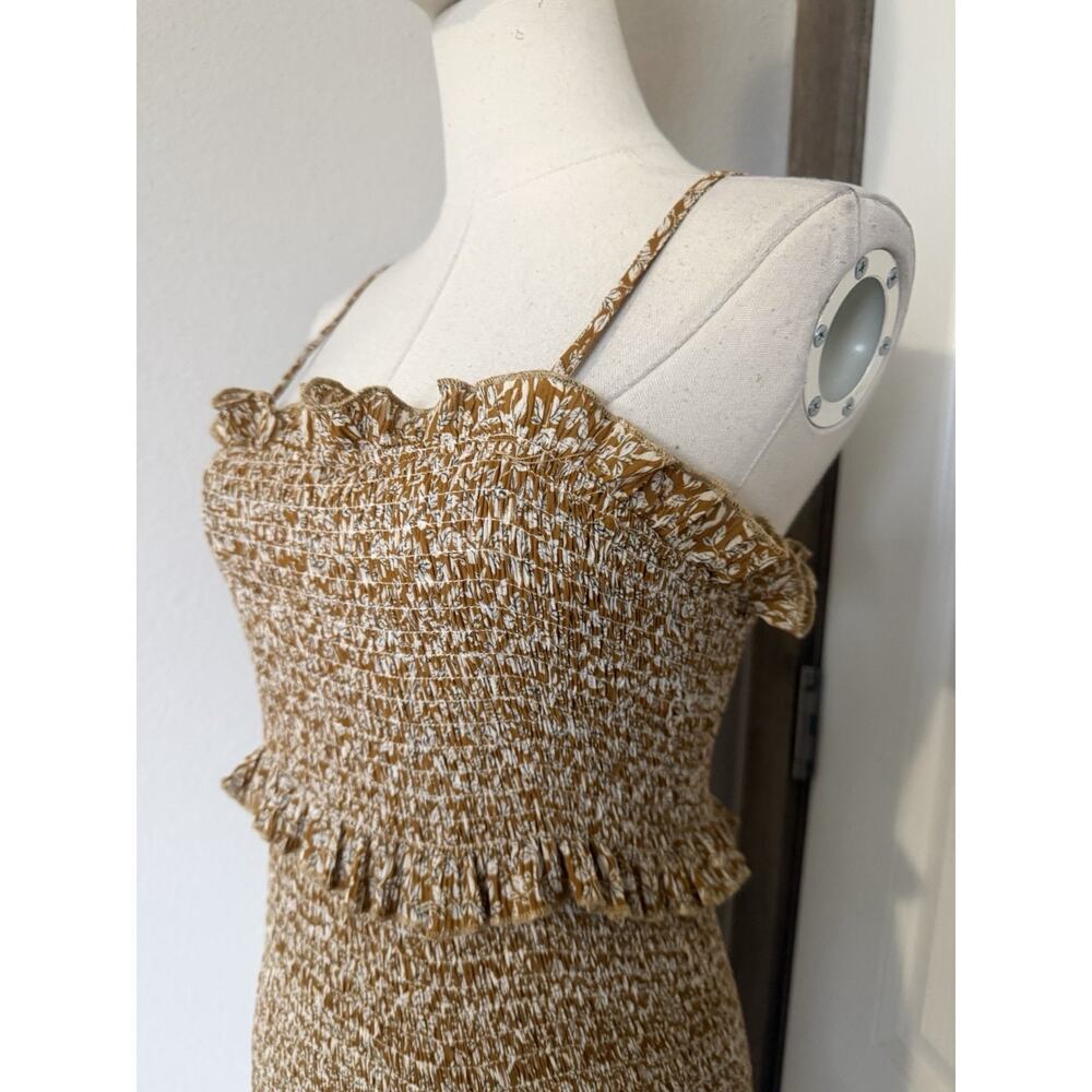 Mable Size Small Mustard Leaf Print Ruffle Tiered Smocked Fitted Midi Dress - Picture 8 of 16